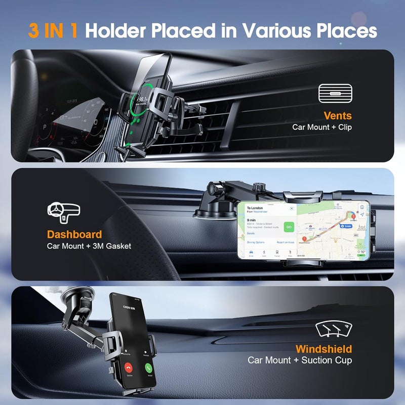SUUSON 3 in 1 Phone Holders for Your Car, Car Phone Holder Mount [Strongest Suction] 360° Adjustable Cell Phone Holders for Car Phone Stand Car Mount for iPhone, Samsung, Google, More Smartphones - Image 2